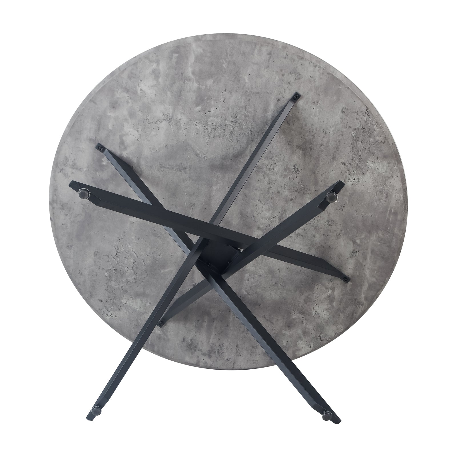 Stoten Round Dining Table Concrete with a round top and black tapered legs, showcasing a contemporary design. The table rests on a concrete surface, embodying modern elegance and stability.