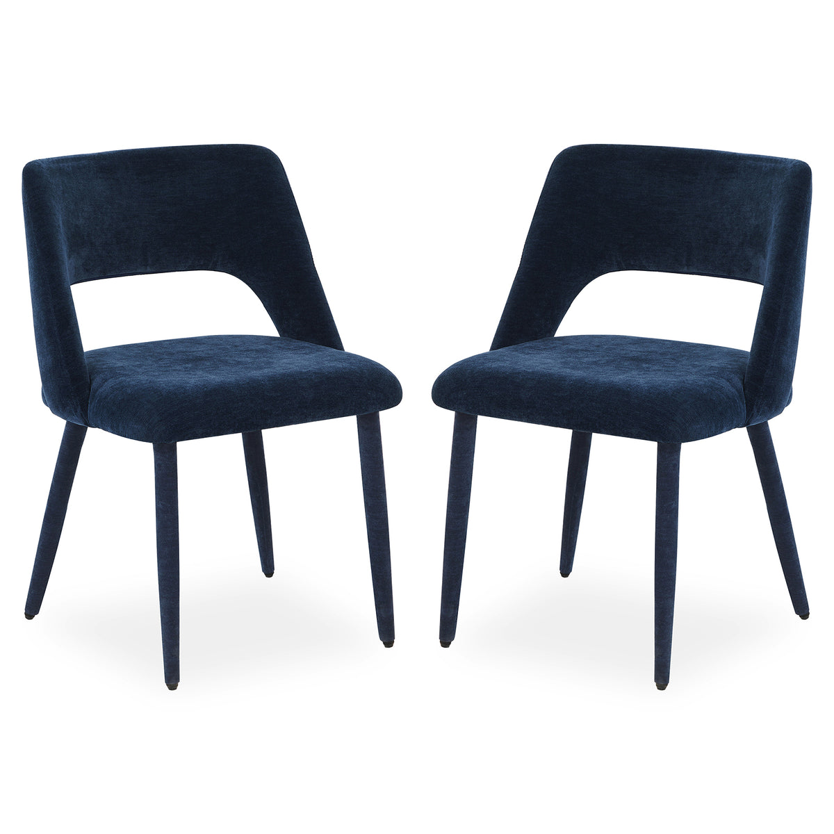 Two dark blue velvet chairs side by side on a white background