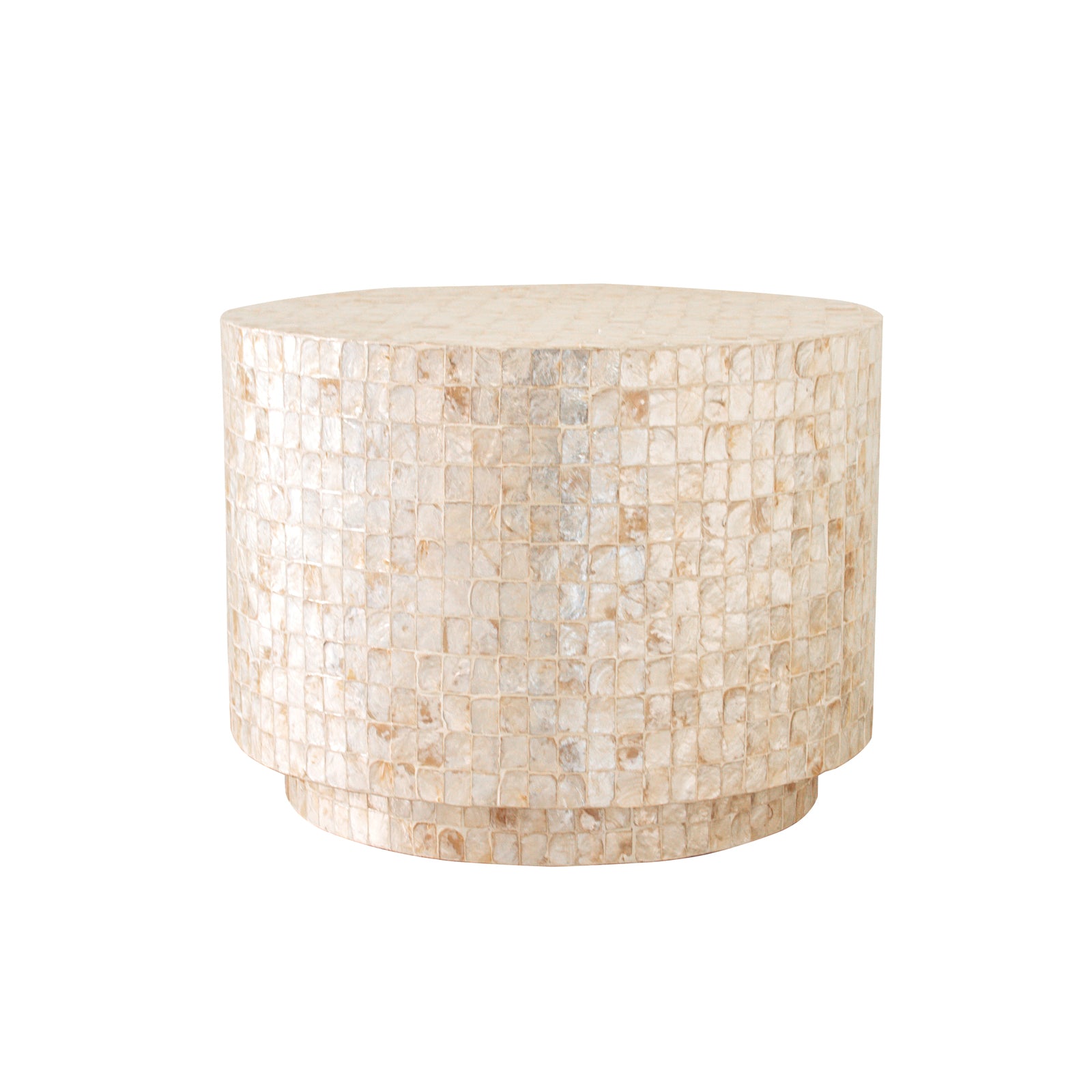 Tiffany 48cm Mother of Pearl Inlay Side Table Cream features intricate mother-of-pearl mosaic on a beige ceramic surface, showcasing its artistic craftsmanship and elegant design suitable for diverse interiors.