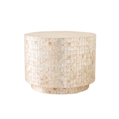 Tiffany 48cm Mother of Pearl Inlay Side Table Cream features intricate mother-of-pearl mosaic on a beige ceramic surface, showcasing its artistic craftsmanship and elegant design suitable for diverse interiors.