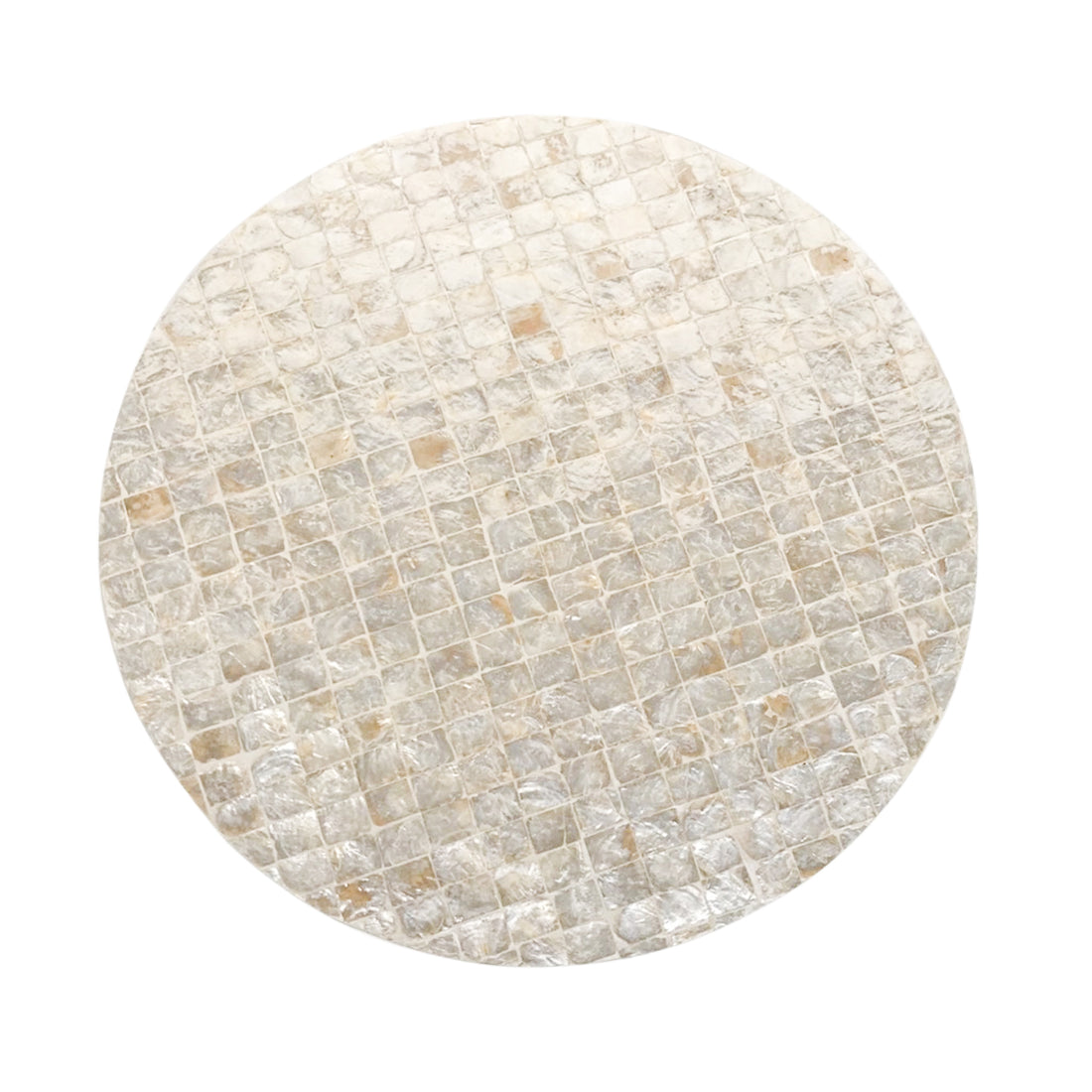 Tiffany 48cm Mother of Pearl Inlay Side Table Cream features a circular surface with intricate white and brown tile patterns, showcasing its artistic mother-of-pearl inlay design.