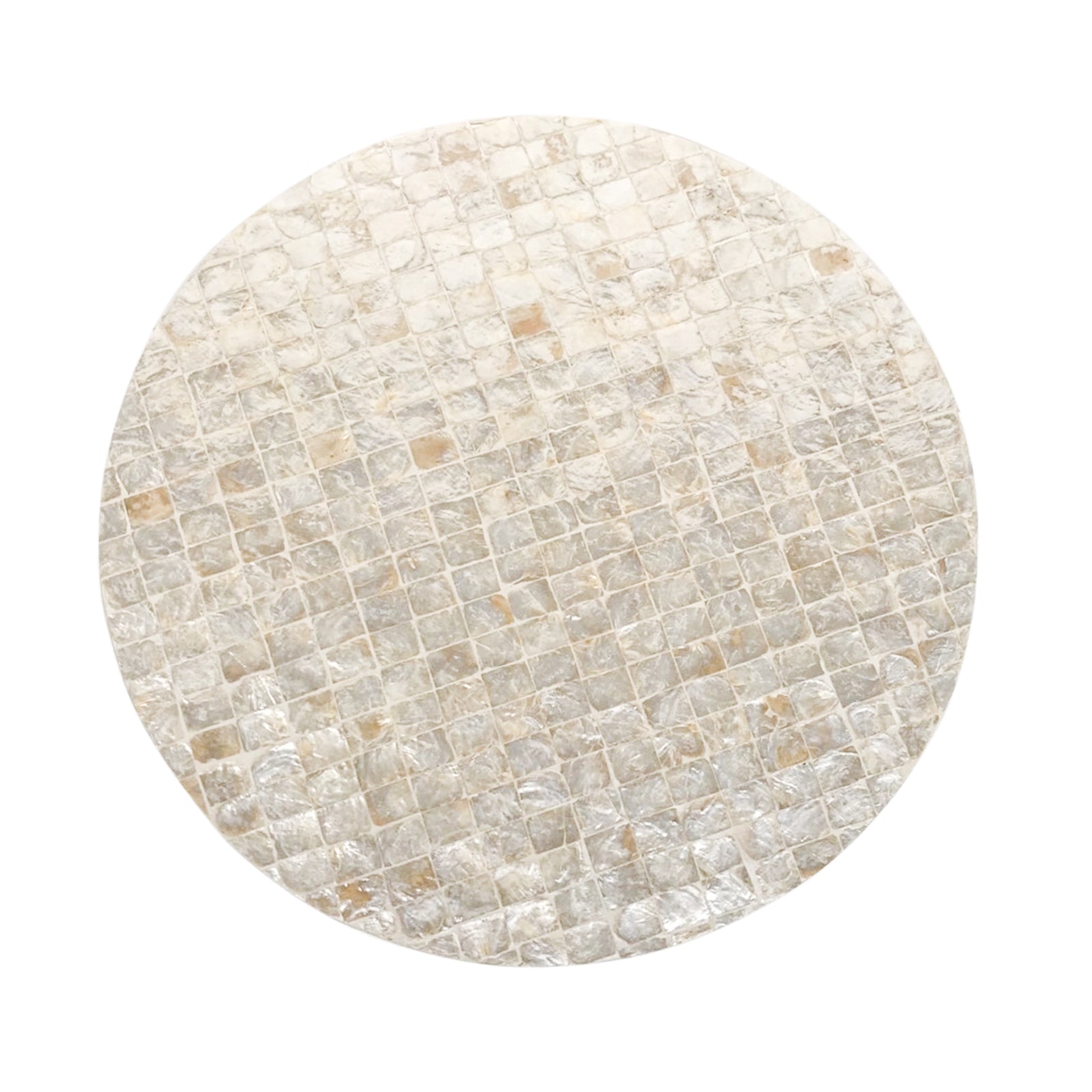 Tiffany 48cm Mother of Pearl Inlay Side Table Cream features a circular surface with intricate white and brown tile patterns, showcasing its artistic mother-of-pearl inlay design.