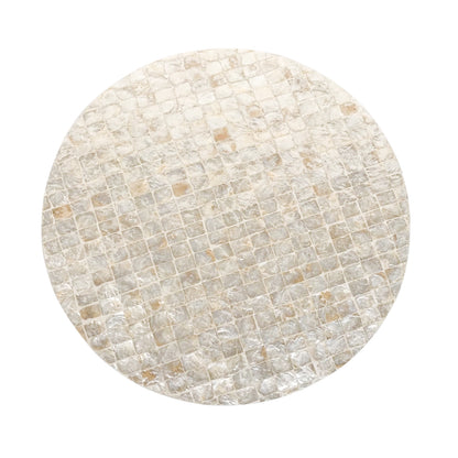 Tiffany 48cm Mother of Pearl Inlay Side Table Cream features a circular surface with intricate white and brown tile patterns, showcasing its artistic mother-of-pearl inlay design.