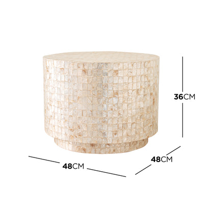Tiffany 48cm Mother of Pearl Inlay Side Table features intricate mother-of-pearl mosaic patterns, highlighting its unique craftsmanship and artistic appeal, suitable for various interior styles.