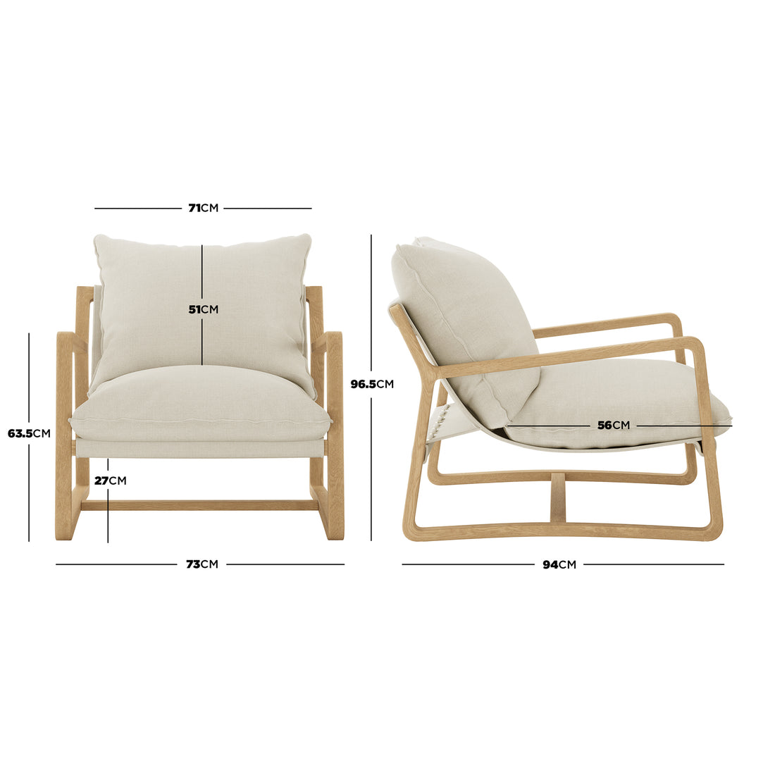 Tilly Linen Hardwood Arm Chair Natural, featuring a close-up of plush cushions on a solid American oak frame, showcasing its stylish minimalist design and superior comfort ideal for modern living spaces.
