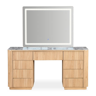 Natural oak vanity table with marble-look top, seven drawers, and rectangular LED mirror with touch control
