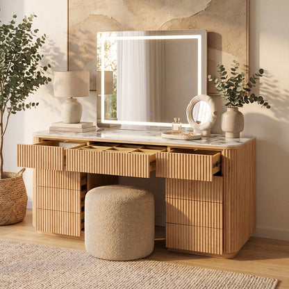 Valerie Vanity Table with Storage and LED Mirror in Natural
