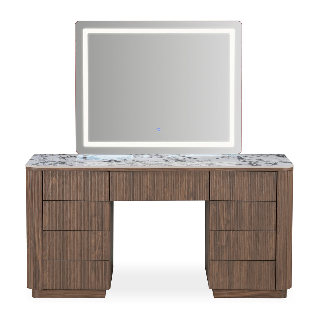 Modern vanity table with illuminated mirror on a white background