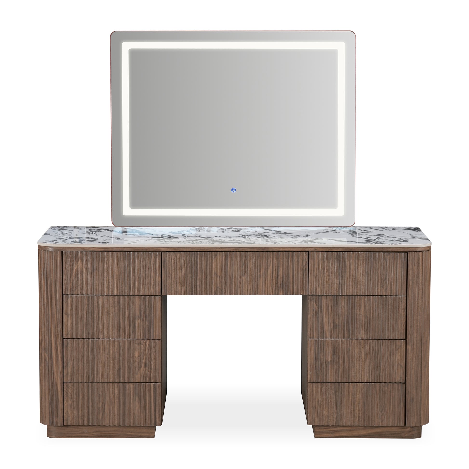 Modern vanity table with illuminated mirror on a white background