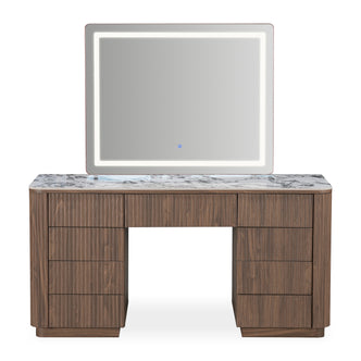 Modern vanity table with illuminated mirror on a white background