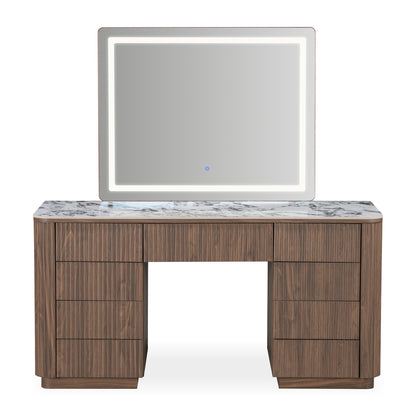 Modern vanity table with illuminated mirror on a white background