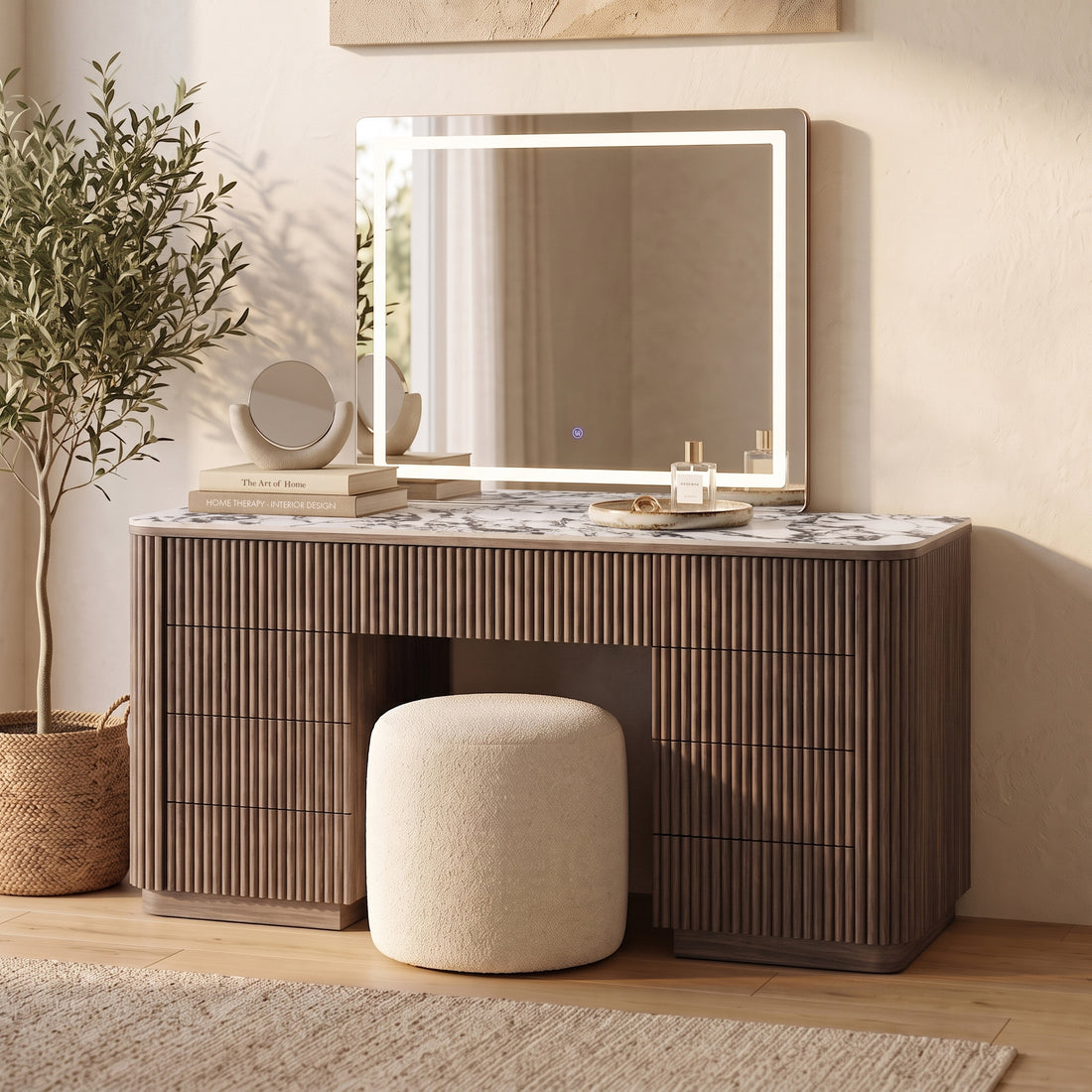 Valerie Vanity Table with Storage and LED Mirror in Walnut