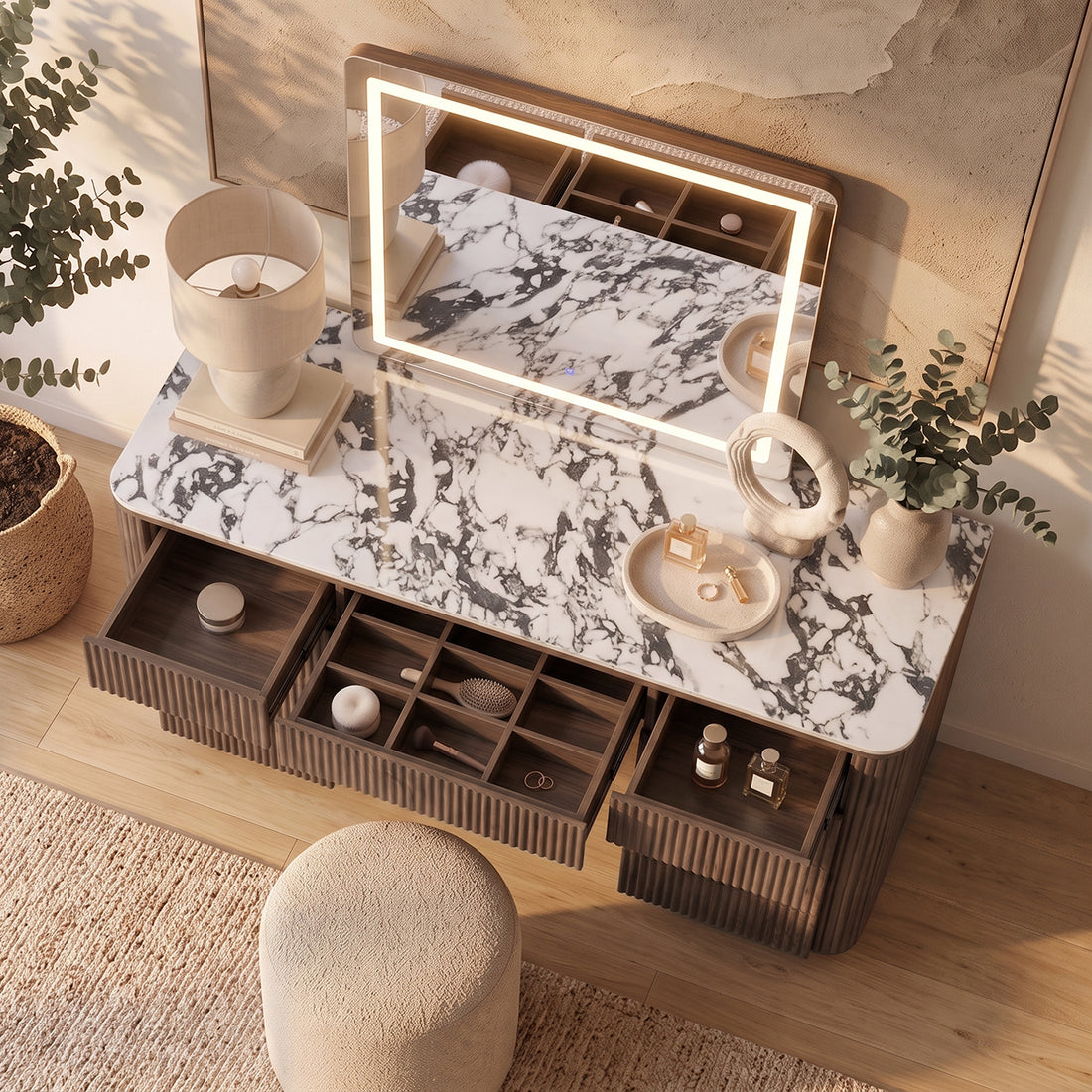Valerie Vanity Table with Storage and LED Mirror in Walnut