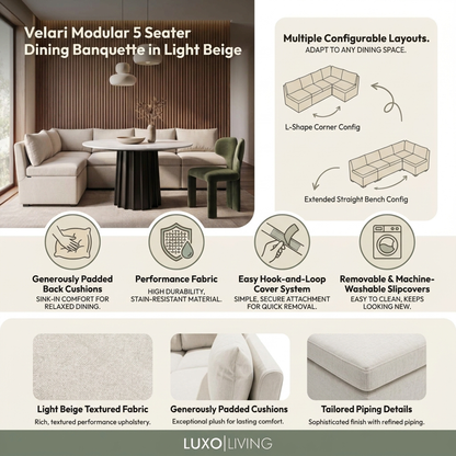 Velari Modular 5 Seater Dining Banquette in Light Beige styled in a room setting