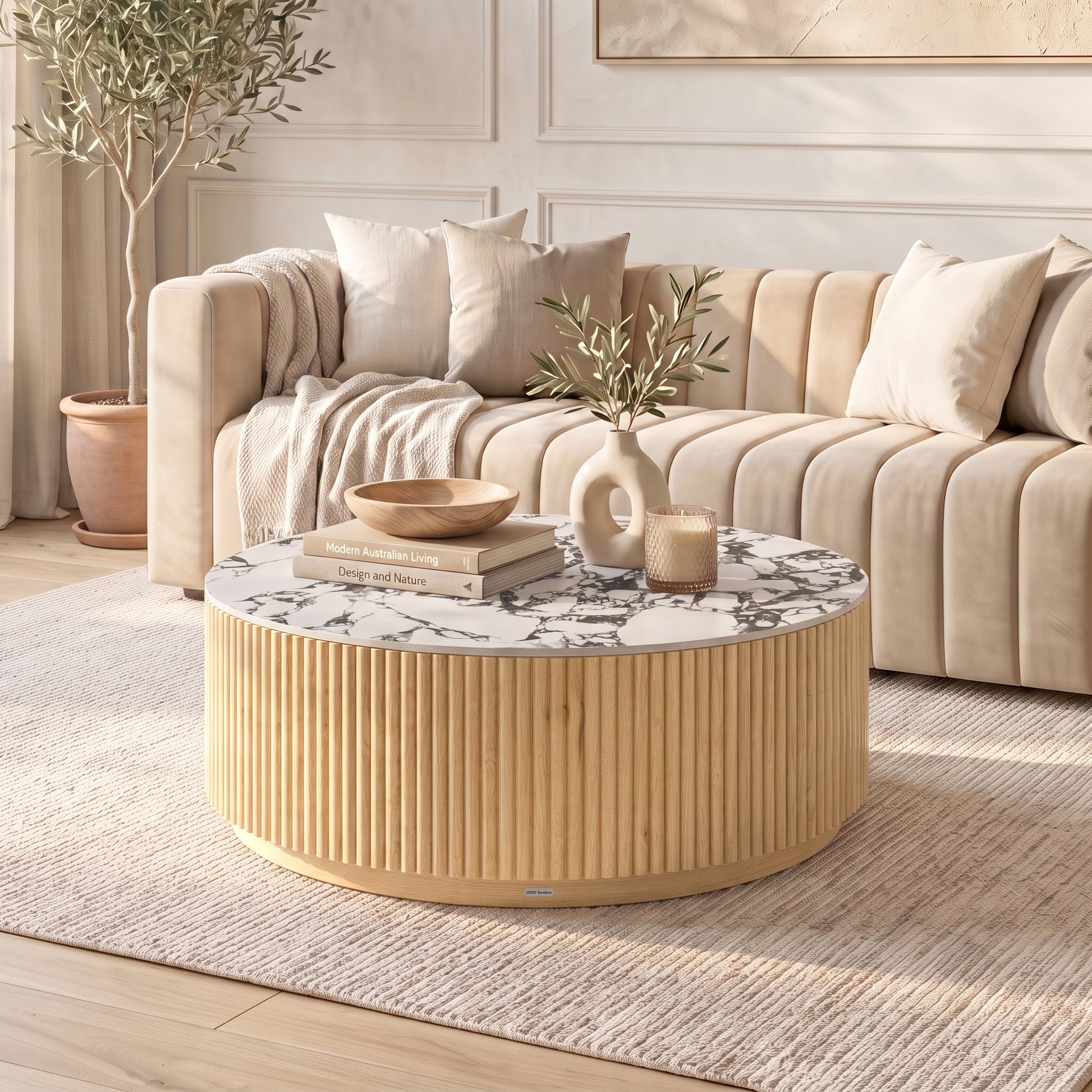 Round coffee table styled in a modern living room