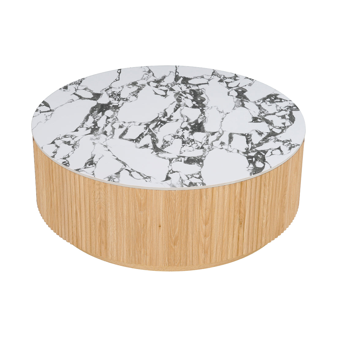 Round coffee table with marble top and grooved wood base on white background