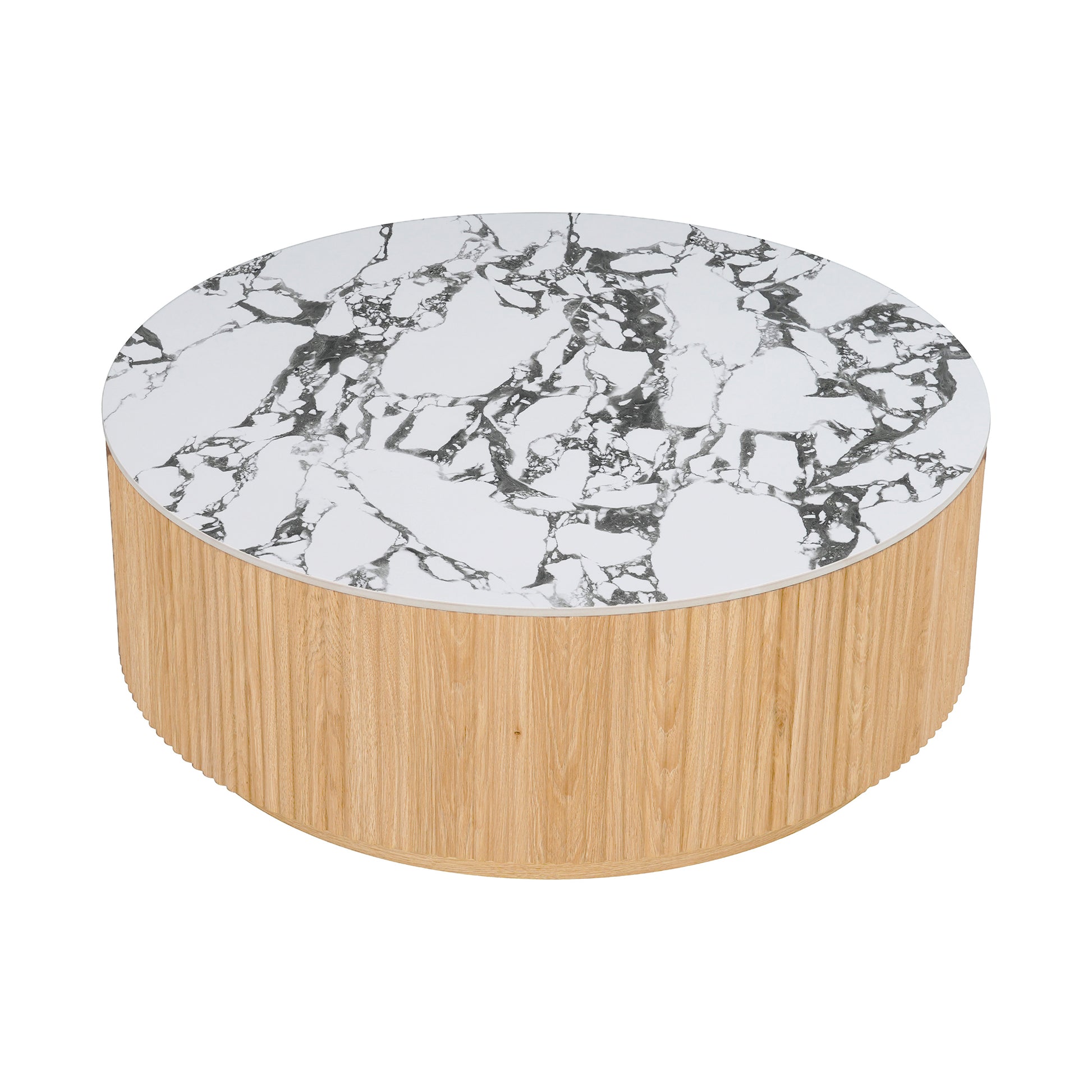Round coffee table with marble top and grooved wood base on white background