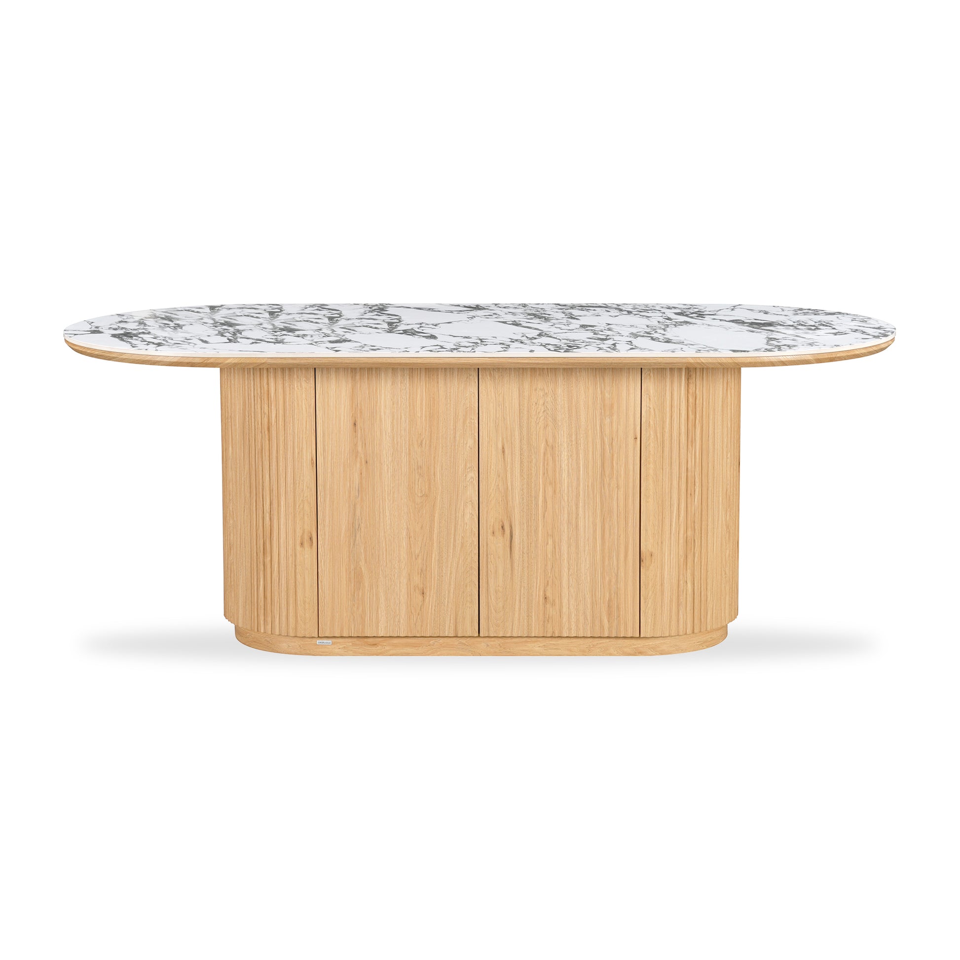 Modern rectangular kitchen island or counter with natural wood base and white marble top on a white background