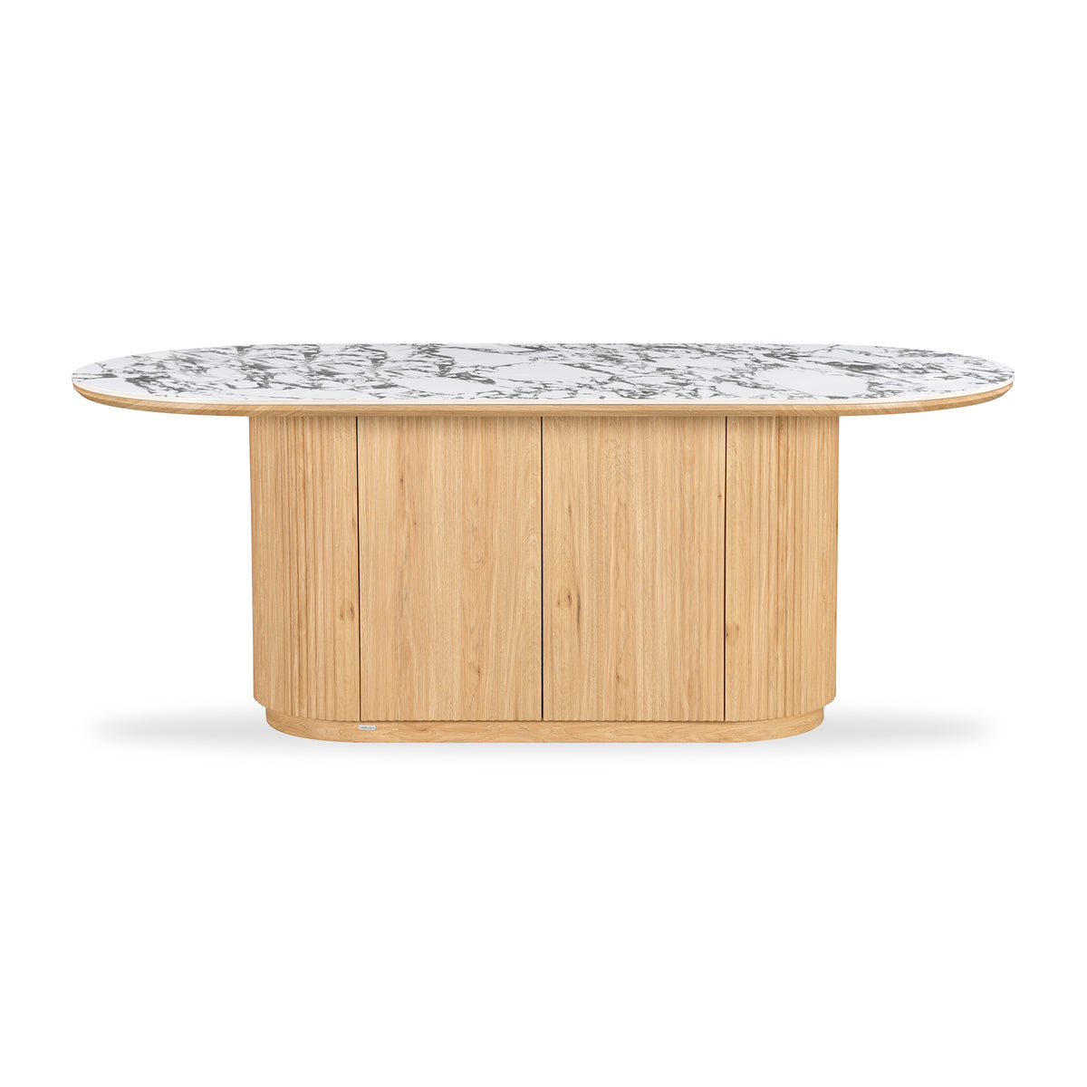 Modern rectangular kitchen island or counter with natural wood base and white marble top on a white background