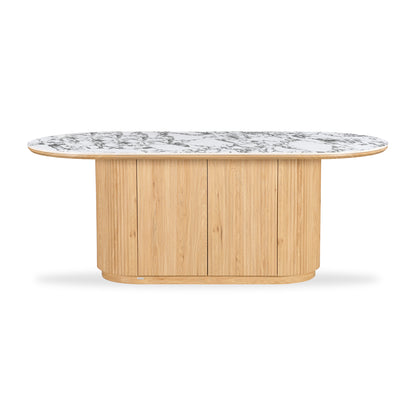 Modern rectangular kitchen island or counter with natural wood base and white marble top on a white background