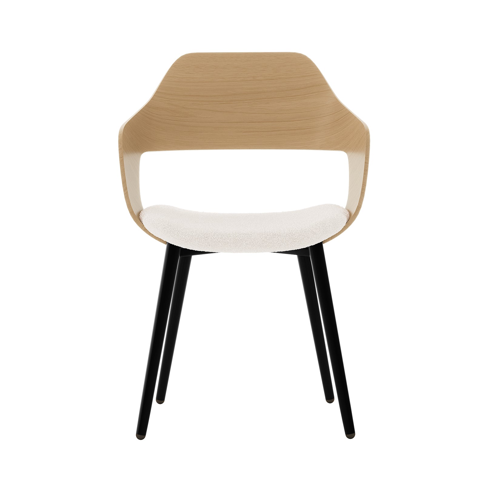 Winfield Curved Wooden Back Boucle Dining Chair Cream White Set of 2 features a close-up of the curved wooden back and a white cushioned seat, showcasing its elegant, modern design.