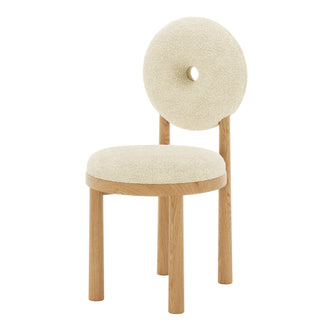 Wubin Boucle Solid Oak Round Dining Chair Beige Set of 2, showcasing a close-up of the boucle fabric texture and solid oak wood accents, highlighting the chair's round shape and elegant design features.