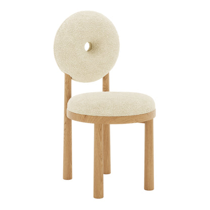 Close-up of Wubin Boucle Solid Oak Round Dining Chair Beige Set of 2, showcasing boucle fabric upholstery and oak frame with elegant wood accents, highlighting its comfort and modern design.