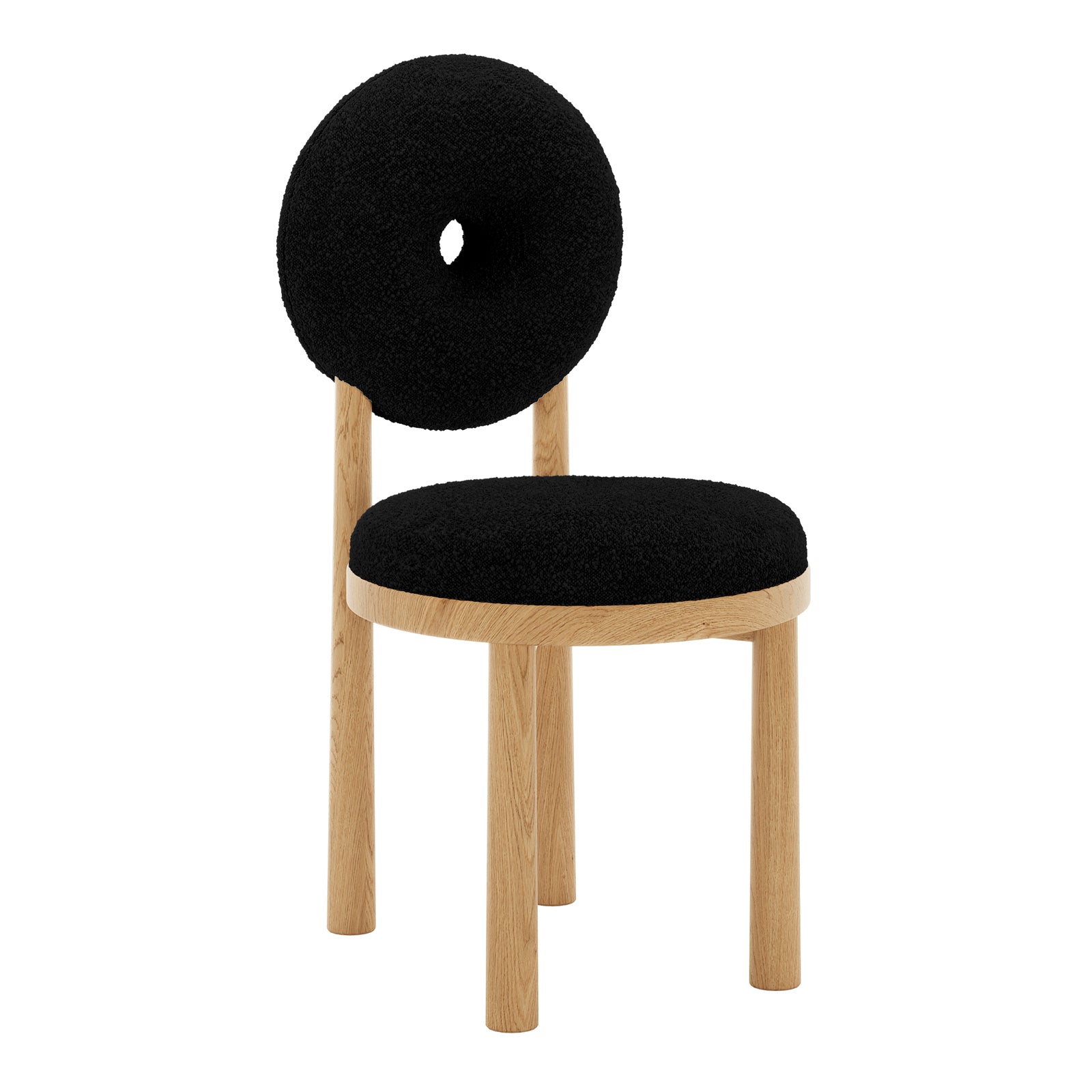 Close-up of Wubin Boucle Solid Oak Round Dining Chair Black Set of 2, showcasing textured boucle upholstery and solid oak frame, emphasizing comfort and modern style for dining spaces.