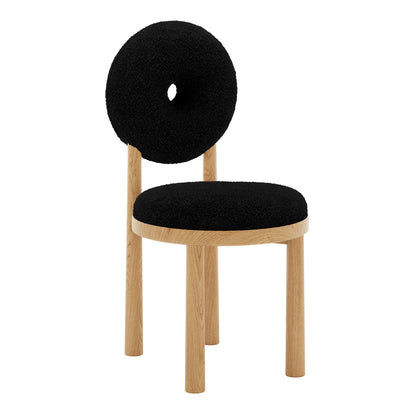Close-up of Wubin Boucle Solid Oak Round Dining Chair Black Set of 2, showcasing textured boucle upholstery and solid oak frame, emphasizing comfort and modern style for dining spaces.