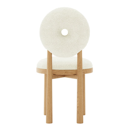 Wubin Boucle Solid Oak Round Dining Chair Set of 2 featuring a close-up of a white chair with a round seat and wooden legs, highlighting its elegant design and premium materials.