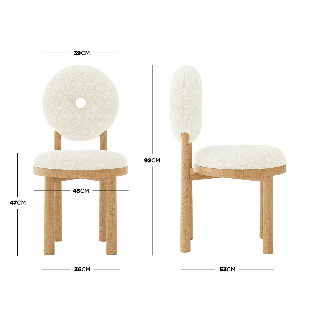Wubin Boucle Solid Oak Round Dining Chair Cream White Set of 2, featuring a plush boucle cushion on a solid oak frame, elegantly designed for modern dining spaces.