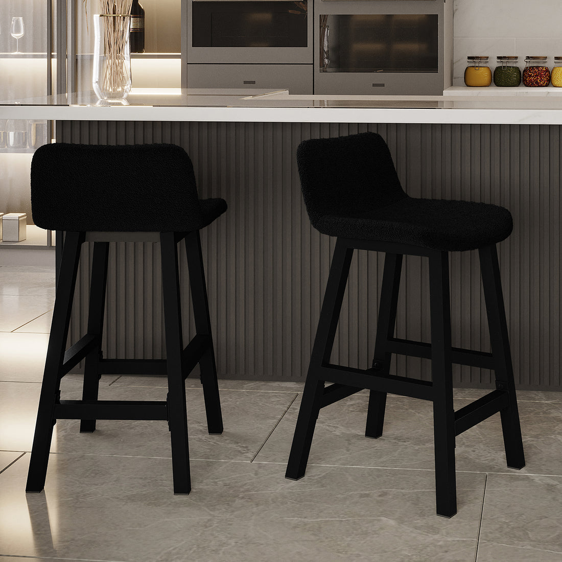 Yael Boucle Upholstered High-Back Bar Stool Black Set of 2, featuring sleek high backs and boucle upholstery, positioned next to a counter in a modern kitchen setting.