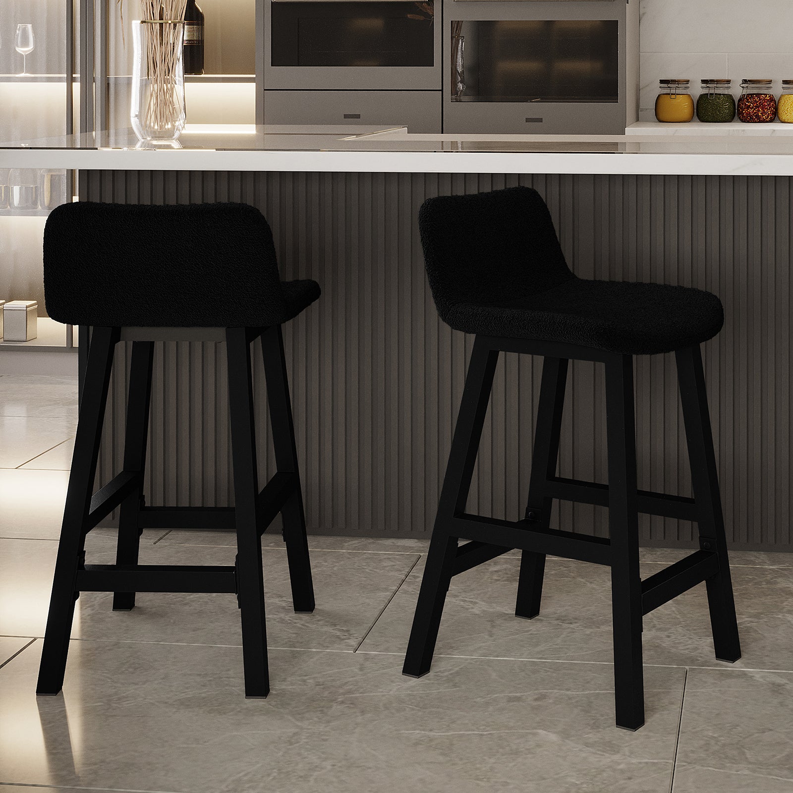Yael Boucle Upholstered High-Back Bar Stool Black Set of 2, featuring sleek high backs and boucle upholstery, positioned next to a counter in a modern kitchen setting.