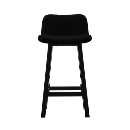 Yael Boucle Upholstered High-Back Bar Stool Set of 2, showcasing a sleek black boucle fabric, sturdy metal legs, and a high backrest for ergonomic support. Ideal for modern kitchen or bar settings.