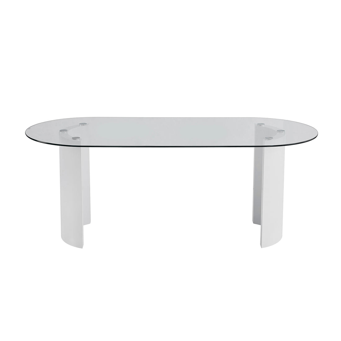 Zora 200cm Round Tempered Glass Oval Dining Table White featuring a sleek, scratch-resistant glass top with durable engineered wood legs in a unique half-moon shape, perfect for modern dining spaces.