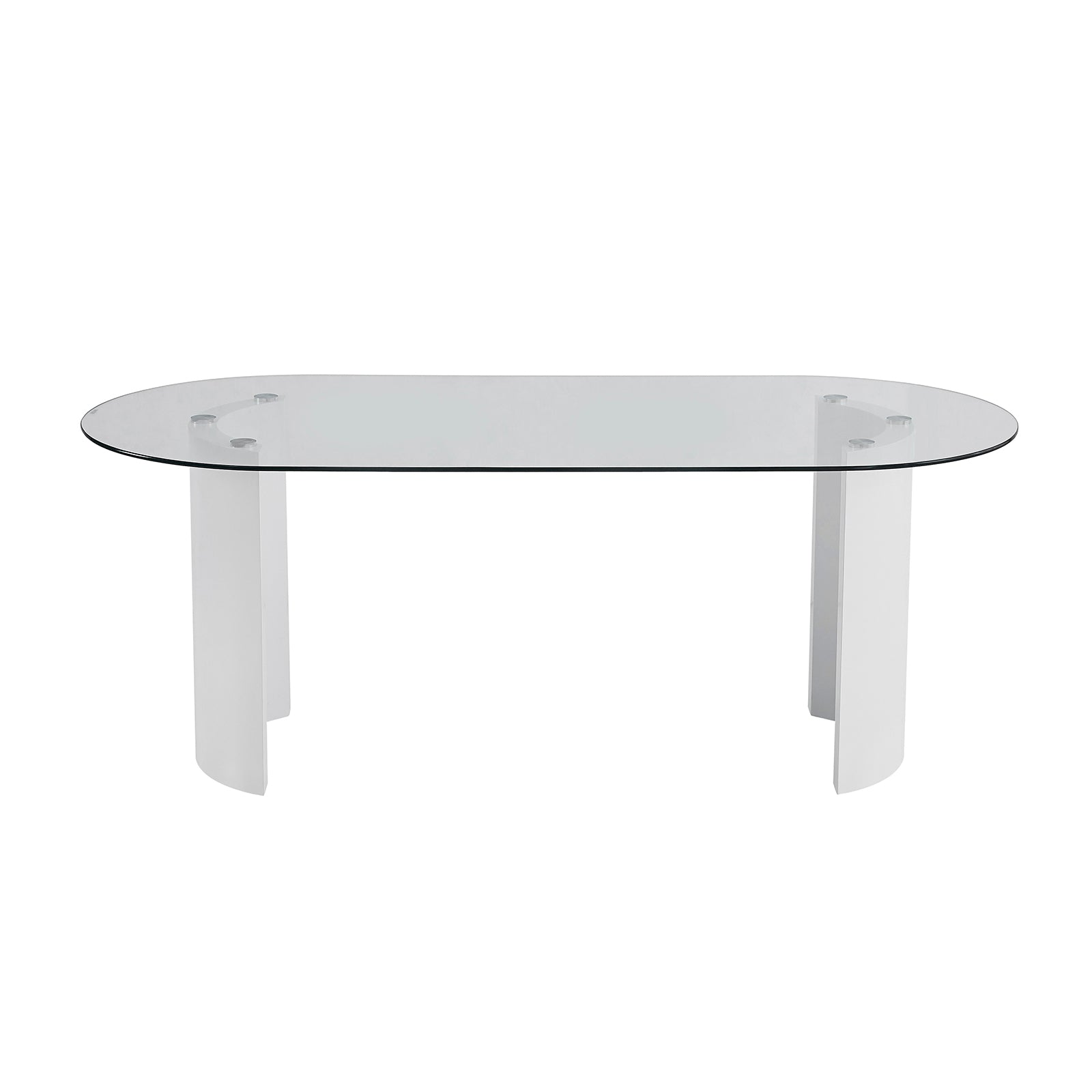 Zora 200cm Round Tempered Glass Oval Dining Table White featuring a sleek, scratch-resistant glass top with durable engineered wood legs in a unique half-moon shape, perfect for modern dining spaces.