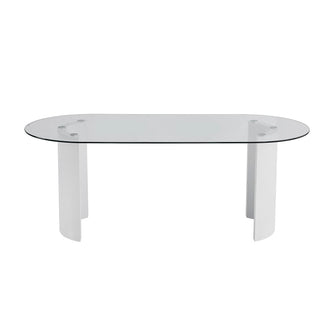 Zora 200cm Round Tempered Glass Oval Dining Table White featuring a sleek, scratch-resistant glass top with durable engineered wood legs in a unique half-moon shape, perfect for modern dining spaces.