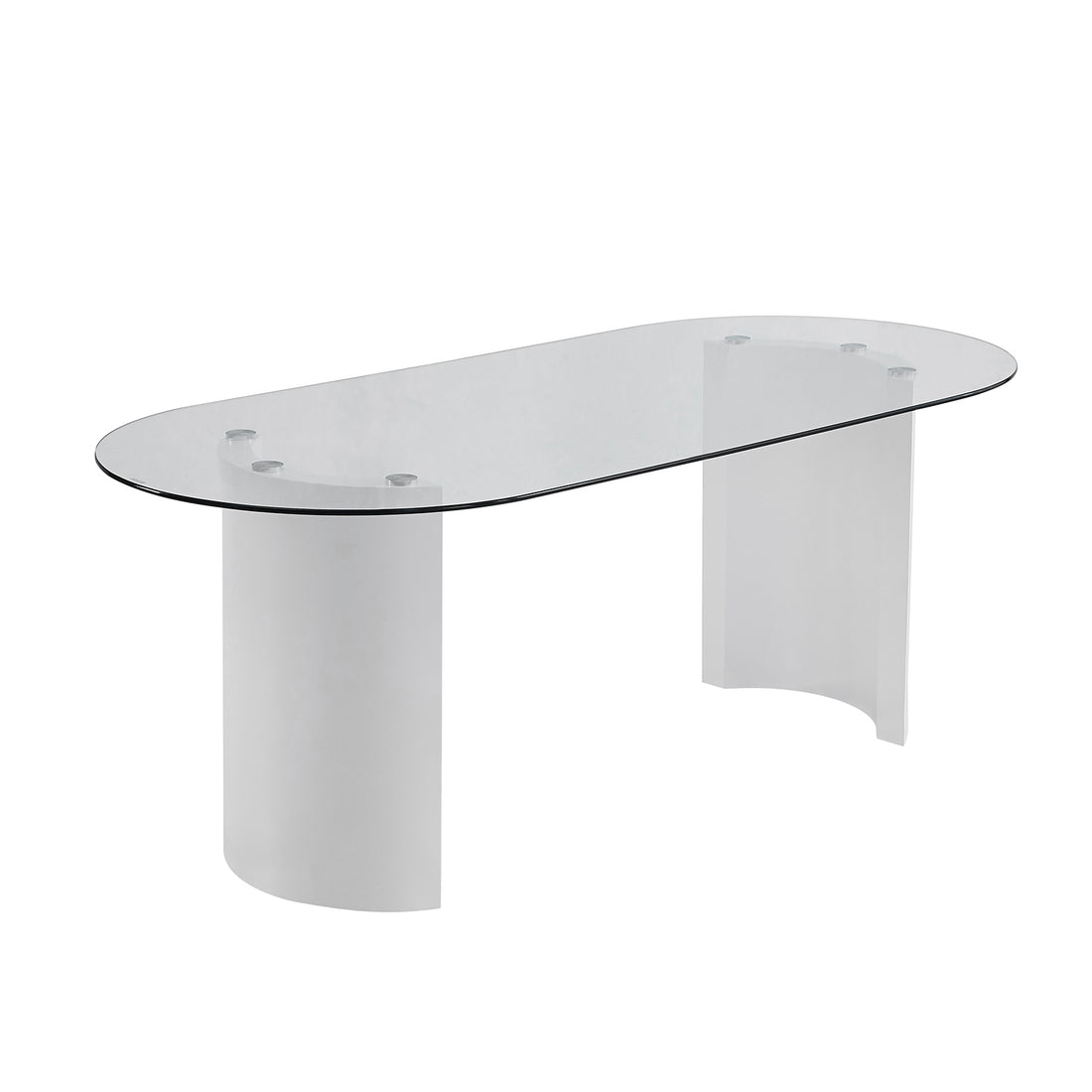 Zora 200cm Round Tempered Glass Oval Dining Table with a smooth glass surface and distinctive white base, showcasing modern elegance and durability, perfect for enhancing any dining space.