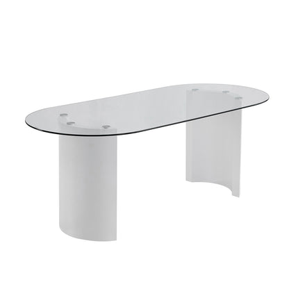 Zora 200cm Round Tempered Glass Oval Dining Table with a smooth glass surface and distinctive white base, showcasing modern elegance and durability, perfect for enhancing any dining space.