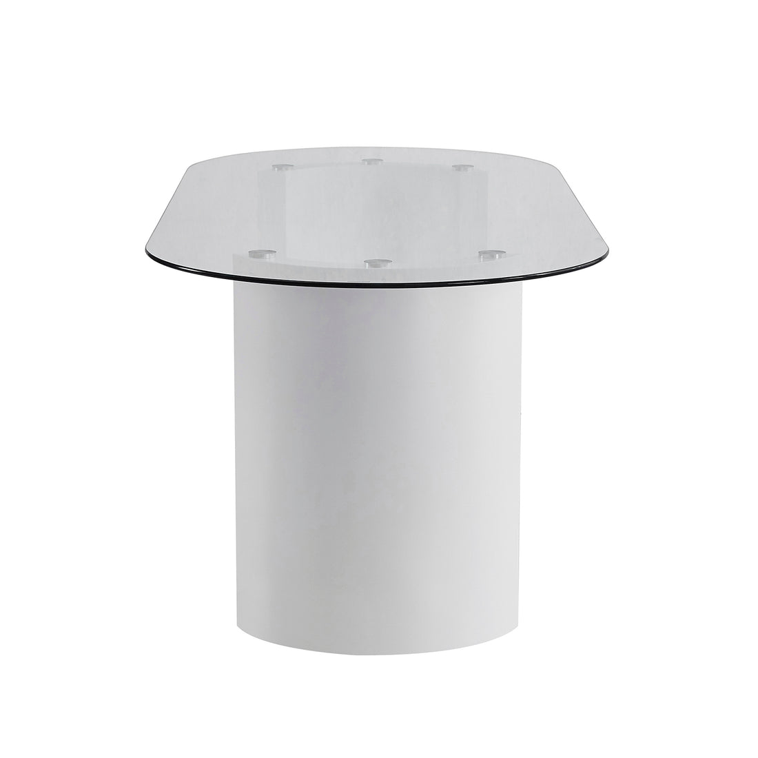 Zora 200cm Round Tempered Glass Oval Dining Table featuring a sleek glass top and bold half-moon engineered wood legs, designed for modern elegance and durability, with anti-slip pads for stability.