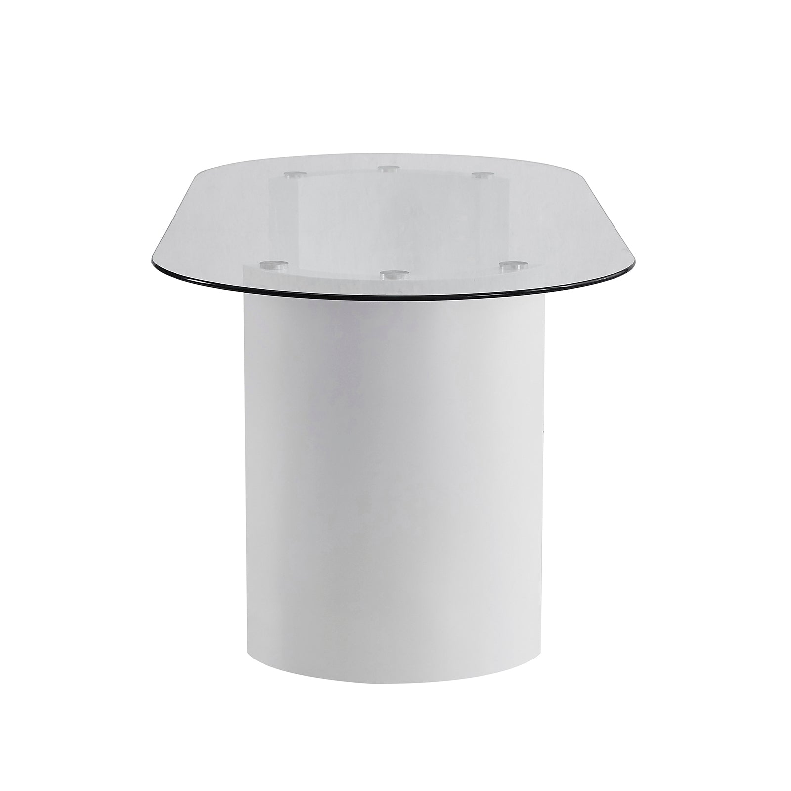 Zora 200cm Round Tempered Glass Oval Dining Table featuring a sleek glass top and bold half-moon engineered wood legs, designed for modern elegance and durability, with anti-slip pads for stability.
