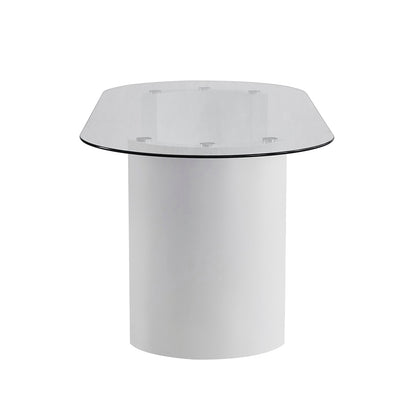Zora 200cm Round Tempered Glass Oval Dining Table featuring a sleek glass top and bold half-moon engineered wood legs, designed for modern elegance and durability, with anti-slip pads for stability.