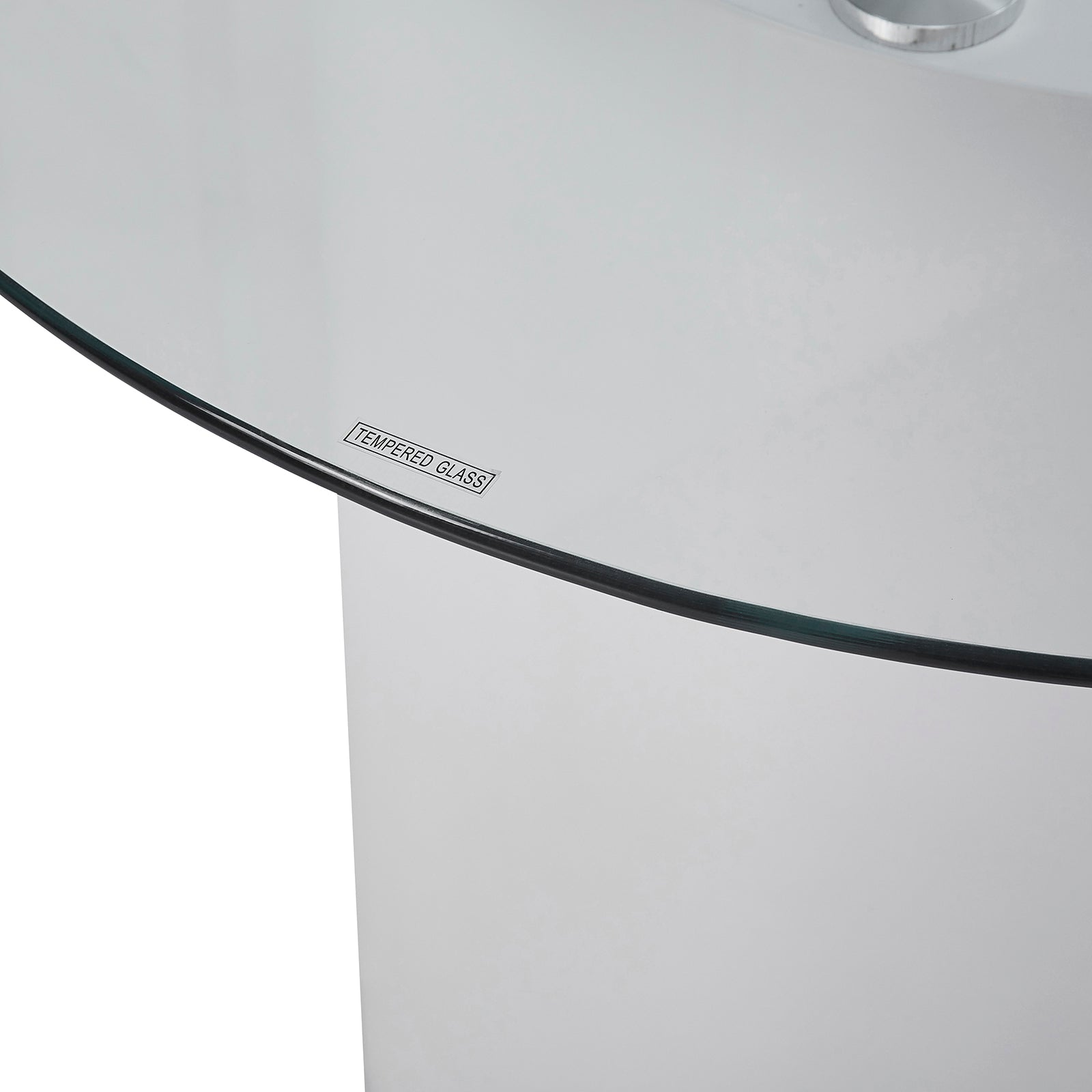 Close-up of the Zora 200cm Round Tempered Glass Oval Dining Table, showcasing its sleek tempered glass top paired with unique engineered wood legs, highlighting its modern and elegant design.