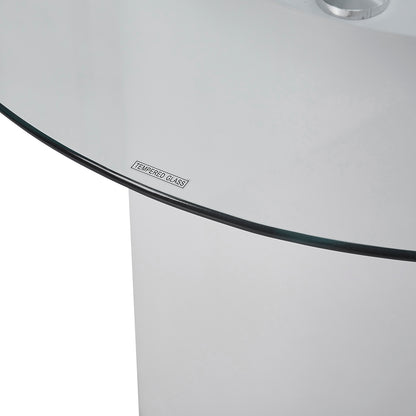 Close-up of the Zora 200cm Round Tempered Glass Oval Dining Table, showcasing its sleek tempered glass top paired with unique engineered wood legs, highlighting its modern and elegant design.