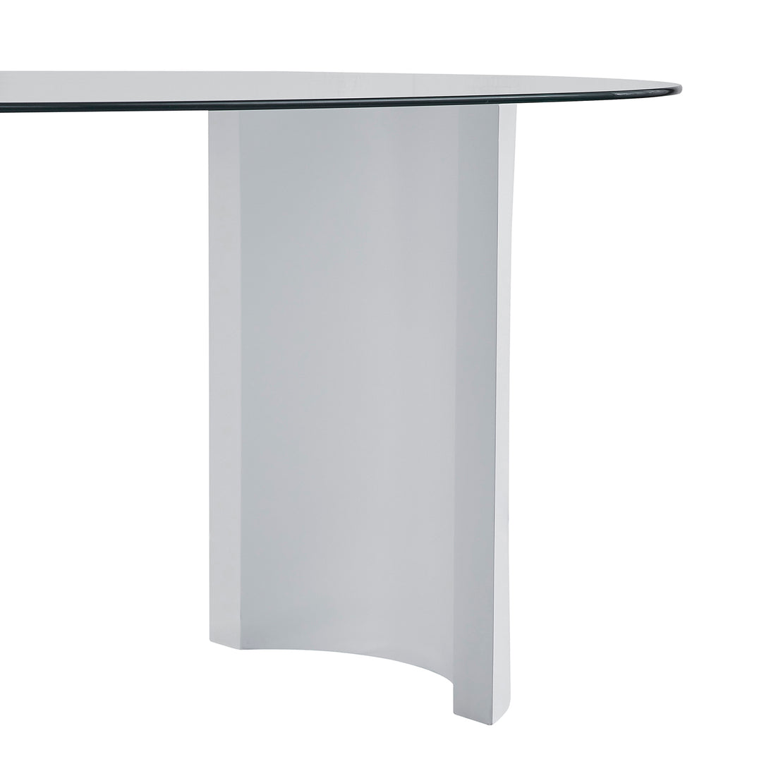 Zora 200cm Round Tempered Glass Oval Dining Table with a sleek glass top and distinctive engineered wood half-moon legs, creating a modern centerpiece for elegant dining spaces.