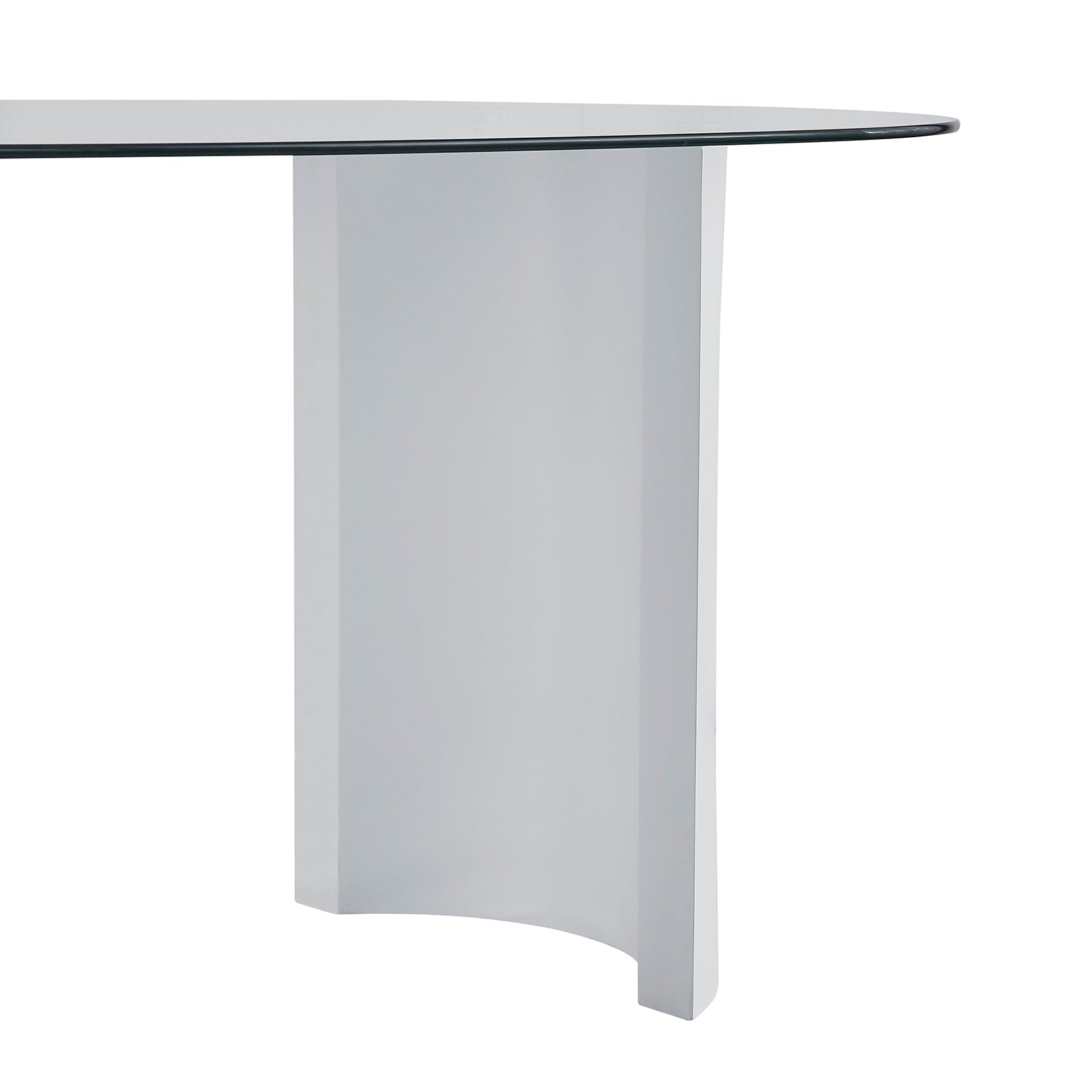 Zora 200cm Round Tempered Glass Oval Dining Table with a sleek glass top and distinctive engineered wood half-moon legs, creating a modern centerpiece for elegant dining spaces.