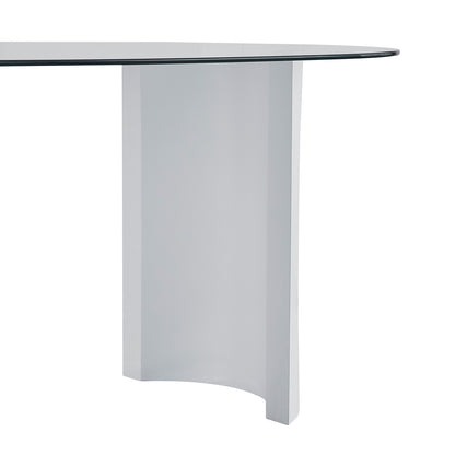 Zora 200cm Round Tempered Glass Oval Dining Table with a sleek glass top and distinctive engineered wood half-moon legs, creating a modern centerpiece for elegant dining spaces.