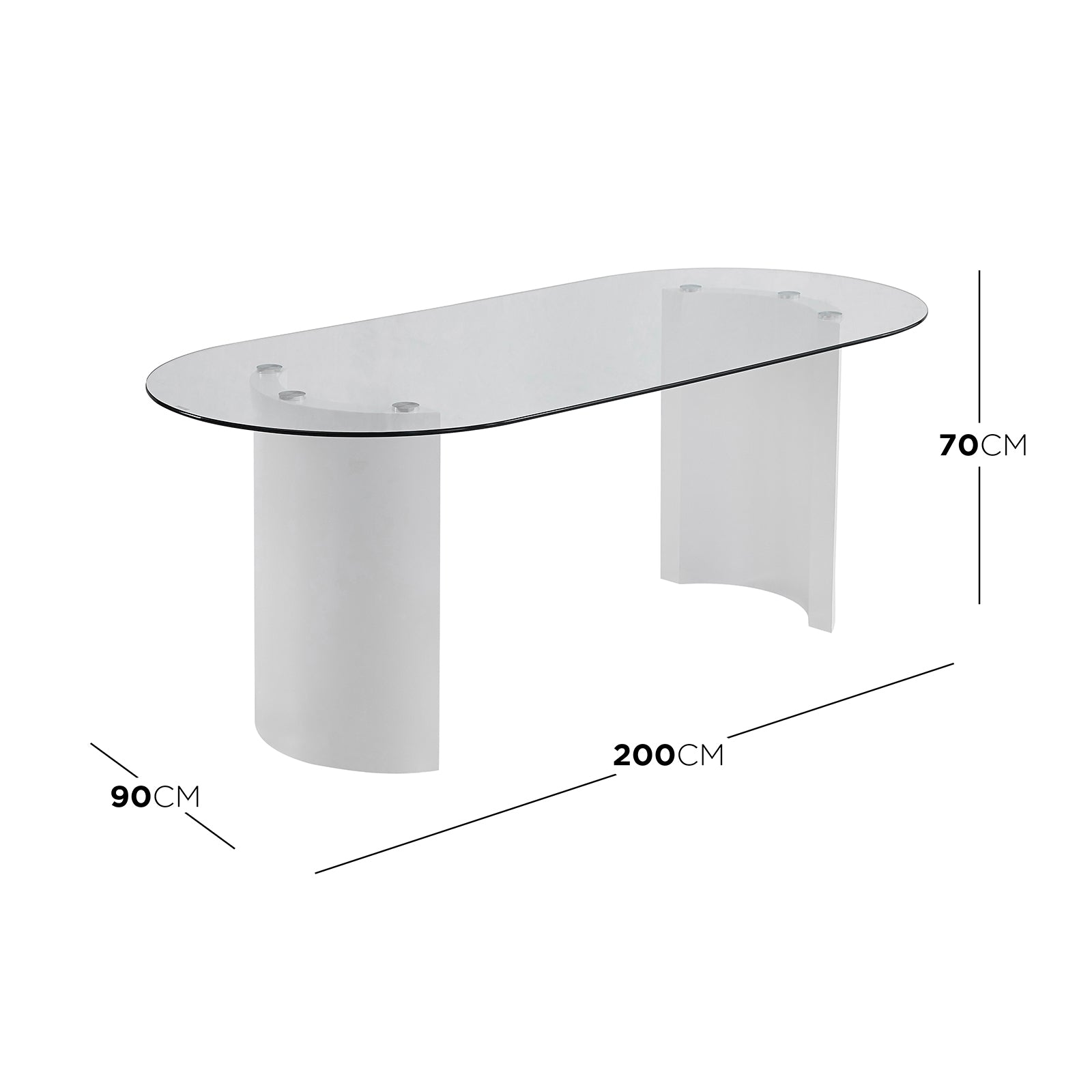 Zora 200cm Round Tempered Glass Oval Dining Table featuring a sleek glass top and bold engineered wood half-moon legs, designed for modern elegance and durability in dining spaces.