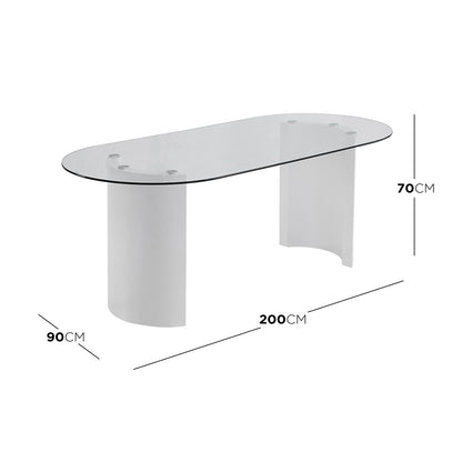 Zora 200cm Round Tempered Glass Oval Dining Table featuring a sleek glass top and bold engineered wood half-moon legs, designed for modern elegance and durability in dining spaces.