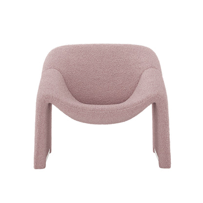 Close-up of the Aaralyn Boucle Accent Chair in Dusty Pink, showcasing its textured boucle fabric and sturdy wooden legs, highlighting its modern design and plush comfort.